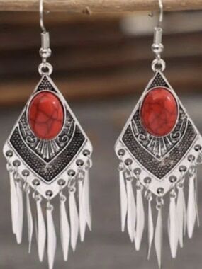 Chloe Silver-Tone Dangle Earrings with Red Cabochon